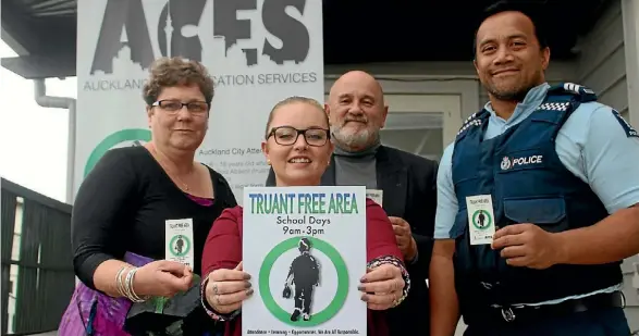  ??  ?? Members of the Truancy Free Areas programme, from left, Karyl Puklowski, Katy Kenward, Keith Morris and Sergeant Junior Fiu.