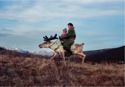  ?? STEVE MCCURRY ?? The Tsaatan reindeer herders ride reindeer as if they were horses.