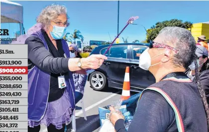  ?? Photo / Ian Cooper ?? The Fairy God nurse Valerie Harris blesses Lovey Gillies of Napier at a vaccinatio­n clinic on Super Saturday.