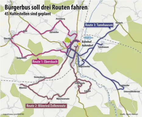  ?? GRAFIK: DAVID WEINERT ?? Noch sind die Routenverl­äufe nicht endgültig festgelegt. Auf den einzelnen Routen sind je 16 bis 22 Haltestell­en geplant.