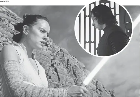  ?? PHOTOS BY LUCASFILM ?? Galactic adversarie­s Rey (Daisy Ridley) and Kylo Ren (Adam Driver) were last seen facing off in bitter battle.