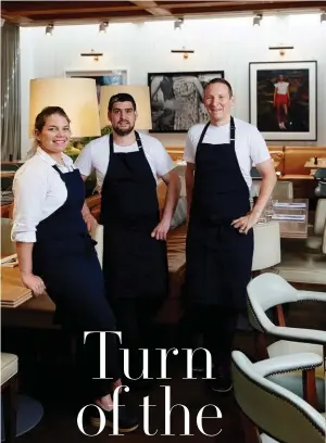  ??  ?? Clockwise from top left: chefs Danielle Alvarez, James Evangelino­s and Ben Greeno; wood-fired squid with aïoli and cherry tomatoes; the dining room bar.