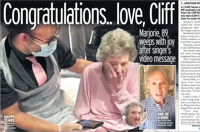  ??  ?? HAPPY TEARS Marjorie is moved by star’s video
Sir Cliff’s film message stuns Marjorie, inset