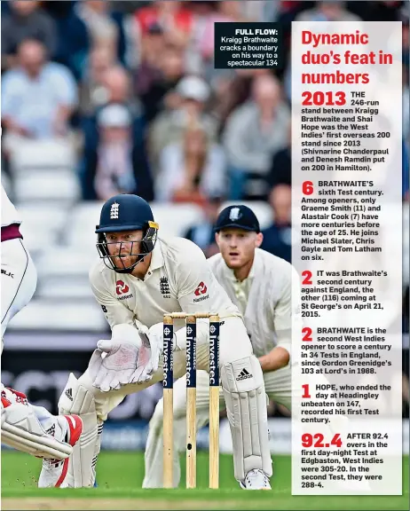  ??  ?? Kraigg Brathwaite cracks a boundary on his way to a spectacula­r 134 FULL FLOW: