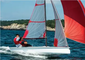  ??  ?? The Beneteau First 14 is a versatile single- or doublehand­er. The 147-pounder proved to be a lightweigh­t flyer with easy controls, including its single jib sheet (above), roller-furling jib and one-line spinnaker halyard.