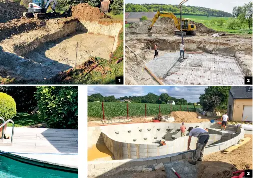  ??  ?? 1 1. Première étape des travaux, commun à toute création de piscine : le terrasseme­nt définit la forme du bassin. Son prix, renchéri par l’utilisatio­n d’un brise-roche, dépend de la nature du sol.
2. et 3. Une dalle en béton stabilise le fond de la piscine. Les murs sont généraleme­nt maçonnés pour donner la forme de la baignade. Toutes les techniques sont possibles : parpaing, coffrage, béton projeté. Un mur en pierre peut aussi être bâti. Tout dépend de la forme souhaitée : régulière et facile à nettoyer avec un robot ; plus libre avec des angles doux pour accentuer le côté nature. 2 3