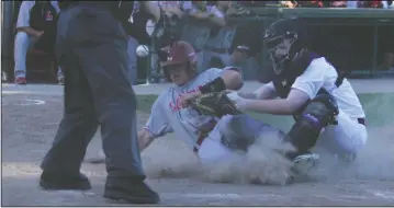  ?? PHOTOS BY DAVID WITTE/NEWS-SENTINEL ?? Above: Tokay catcher Collin Drummond loses the ball in a collision at home plate with Lodi baserunner Evan Webb during Wednesday's game at Zupo Field. Below right: Lodi pitcher Logan Stout delivers during the first inning. Below left: Tokay third...