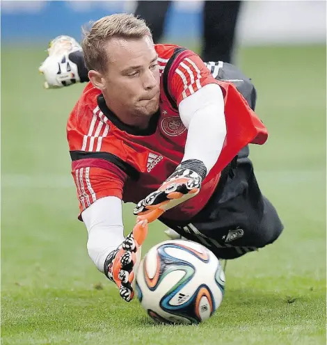  ?? MARTIN MEISSNER /THE ASSOCIATED PRESS ?? Germany’s goalkeeper Manuel Neuer leads his squad into the World Cup semifinals against the host Brazilians.