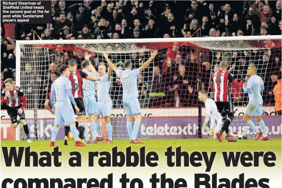  ??  ?? Richard Stearman of Sheffield United heads the second goal at the far post while Sunderland players appeal