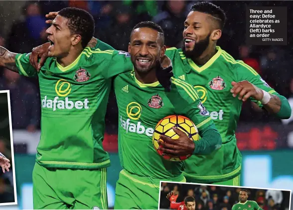  ?? GETTY IMAGES ?? Three and easy: Defoe celebrates as Allardyce (left) barks an order