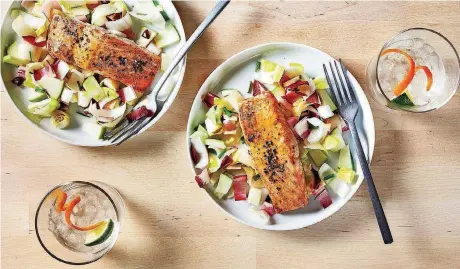  ?? [PHOTOS BY STACY ZARIN GOLDBERG/FOOD STYLING BY LISA CHERKASKY, FOR THE WASHINGTON POST] ?? Honey Mustard Glazed Salmon With Endive and Green Apple Salad