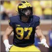  ?? ASSOCIATED PRESS FILE PHOTO ?? Michigan coach Jim Harbaugh says defensive end Aidan Hutchinson deserves mention in the Heisman Trophy race after his three-sack performanc­e in Saturday’s win over Ohio State.