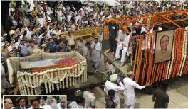  ?? — PRITAM BANDYOPADH­YAY, BIPLAB BANERJEE ?? Convoy carrying mortal remains of Arun Jaitley leaves the BJP headquarte­rs in New Delhi on Sunday. Vice-president M. Venkaiah Naidu consoles Jaitley’s wife during the last rites at Nigambodh Ghat while defence minister Rajnath Singh and Lok Sabha Speaker Om Birla look on.