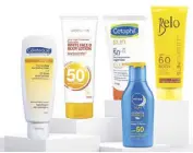  ?? ?? Keep your skin protected and hydrated with these sunscreens from Watsons: Belo Sun Expert Body SPF60, Cetaphil Sun SPF50+ Light Gel, Celeteque Skin Defense Tinted Face Stick, and Watsons Very High Protection Sunscreen White Face & Body Lotion SPF 50+ PA+++.