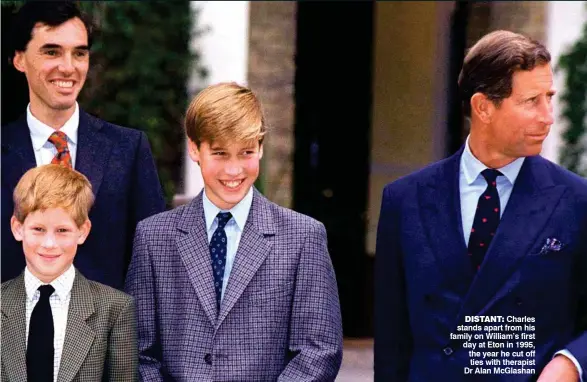  ??  ?? DISTANT: Charles stands apart from his family on William’s first day at Eton in 1995, the year he cut off ties with therapist Dr Alan McGlashan