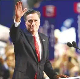  ?? (AP FOTO) ?? REPUBLICAN presidenti­al nominee Mitt Romney waves to delegates before speaking at the Republican National Convention in Tampa, Florida.
