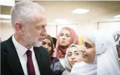  ??  ?? LONDON: Labor leader Jeremy Corbyn (left) meets locals at Finsbury Park Mosque in north London, after an incident where a van struck pedestrian­s in London. — AP