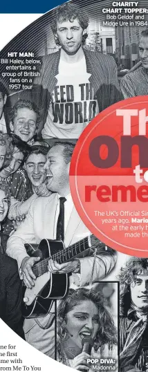  ?? ?? HIT MAN: Bill Haley, below, entertains a group of British fans on a 1957 tour
CHARITY CHART TOPPER: Bob Geldof and Midge Ure in 1984
POP DIVA: Madonna