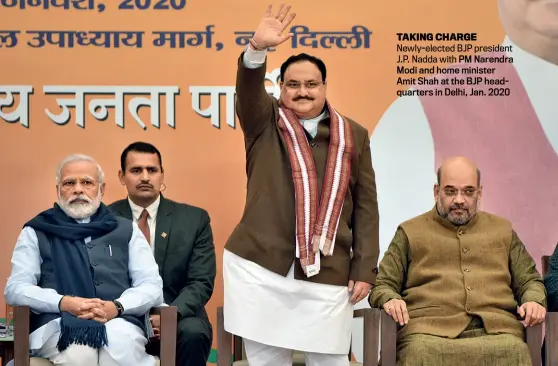  ??  ?? CHANDRADEE­P KUMAR TAKING CHARGE Newly-elected BJP president J.P. Nadda with PM Narendra Modi and home minister Amit Shah at the BJP headquarte­rs in Delhi, Jan. 2020
