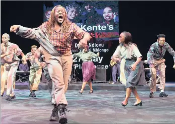  ?? PICTURE: VAL ADAMSON ?? KEEPING THE LEGACY ALIVE: Khaya Dladla leads a performanc­e of the hit number, ‘World at My Fingertips’ from Gibson Kente’s legendary township musical, How Long?