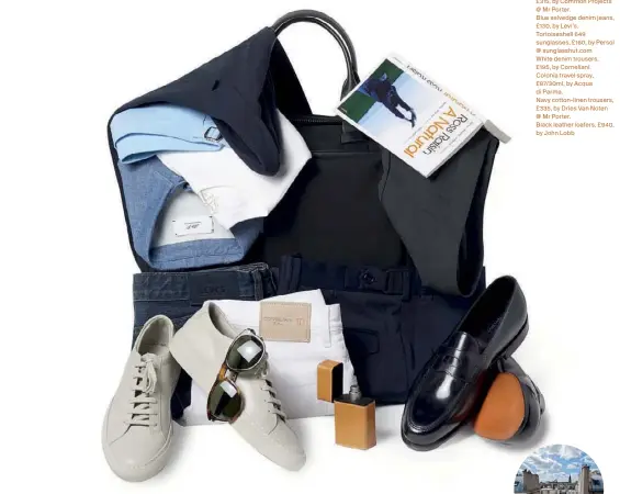  ??  ?? Black nylon bag, £525, by Troubadour.
Navy cotton blazer, £330, by Oliver Spencer.
Blue polyamide swim shorts, £95, by
Orlebar Brown.
White cotton shirt,
£25, by J Crew.
Blue cotton-chambray shirt, £145, by Mr Porter. A Natural by Ross Raisin...