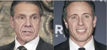  ?? MIKE GROLL/OFFICE OF GOVERNOR OF ANDREW M. CUOMO VIA AP, LEFT, AND EVAN AGOSTINI/INVISION/AP ?? New York Gov. Andrew Cuomo (left) and CNN anchor Chris Cuomo.