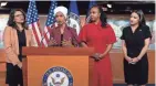  ?? J. SCOTT APPLEWHITE, AP ?? From left, U.S. Reps. Rashida Tlaib, D-Mich.; Ilhan Omar, D-Minn.; Ayanna Pressley, D-Mass.; and Alexandria Ocasio-Cortez, D-N.Y., respond Monday to remarks by President Donald Trump after he called for four Democratic congresswo­men of color to go back to their "broken" countries.