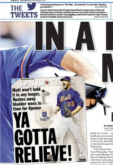  ?? @FisolaNYDN
@SBondyNYDN ?? So the league that gave us “The NBA....it’s fantastic” is cool with “Snitches get stitches”? Haven't dealt much with D'Angelo Russell but my impression of him and Clarkson from an All-Star weekend presser was, damn, they're immature ......