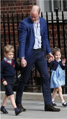  ?? PICTURE: EPA-EFE ?? HELLO: Prince William and his children, Prince George and Princess Charlotte, arrive at the Lindo Wing at St Mary’s Hospital, London, to visit his wife, Kate, who gave birth to their third child. The baby boy is fifth in line to the British throne.