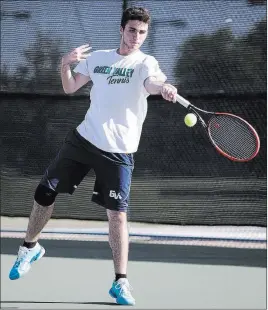  ?? Erik Verduzco ?? ABOVE: Green Valley’s Ryan Elezra went 3-0 in his singles matches Thursday at Darling Tennis Center.
LEFT: Bishop Gorman’s Giovanna Chaparro, left, and Olivia Balelo clasp hands during their double match Thursday at Darling Tennis Center.