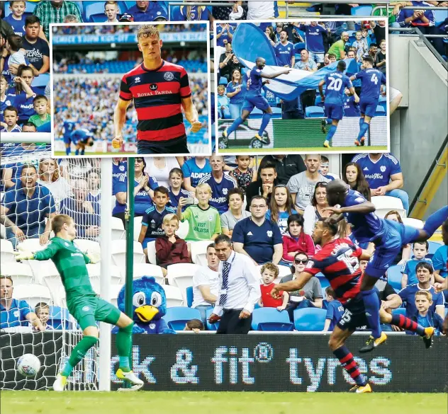  ?? PICTURES: PSI/Andrew Lewis ?? FLYING HIGH: Sol Bamba scores Cardiff’s second goal while, inset, Matt Smith celebrates his goal