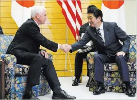  ?? Eugene Hoshiko ?? The Associated Press Vice President Mike Pence meets Tuesday with Japanese Prime Minister ShinzoAbe at Abe’s official residence in Tokyo.
