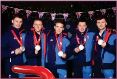  ?? ?? Main image, Team GB gold medal winners Mili Smith, Hailey Duff, Jennifer Dodds, Vicky Wright and Eve Muirhead. Left, Team GB men’s curling silver medallists Grant Hardie, Bobby Lammie, Ross Whyte, Hammy McMillan and Bruce Mouat