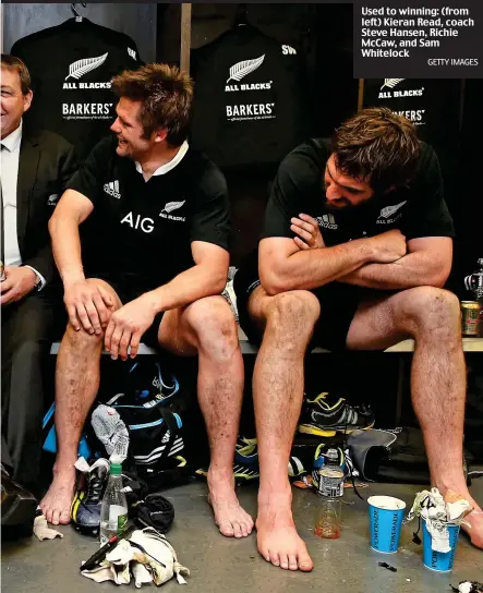  ?? GETTY IMAGES ?? Used to winning: (from left) Kieran Read, coach Steve Hansen, Richie McCaw, and Sam Whitelock