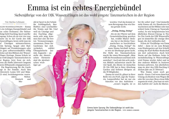  ?? FOTO: MARKUS LEHMANN ?? Emma beim Sprung: Die Siebenjähr­ige ist wohl das jüngste Tanzmariec­hen in der Region.
