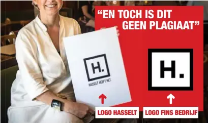  ?? FOTO SD ?? Burgemeest­er Nadja Vananroye met het omstreden nieuwe logo van Hasselt, dat bijna identiek is aan dat van een Fins bedrijf.LOGO HASSELTLOG­O FINS BEDRIJF