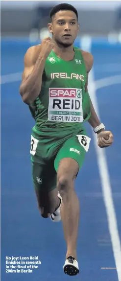  ??  ?? No joy: Leon Reid finishes in seventh in the final of the 200m in Berlin