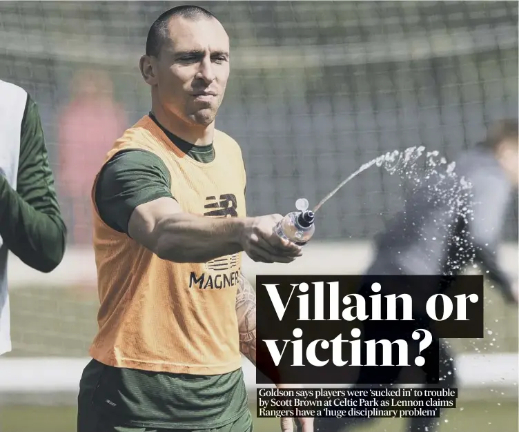  ??  ?? 0Celtic captain Scott Brown mucks around during a training session at Lennoxtown as he and his team- mates prepare for tomorrow’s final Old Firm match of the season at Ibrox.