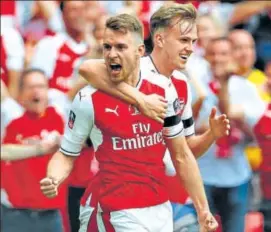  ?? AP ?? Arsenal's Aaron Ramsey celebrates after scoring his side's second goal at Wembley on Saturday.