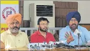  ?? HT PHOTO ?? AAP leaders Harpal Singh Cheema (L) and Sajjan Singh Cheema (R) addressing the media in Jalandhar on Friday.