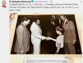  ??  ?? Bringing back memories: The photograph of Dr Mahathir meeting an 11-year-old Justin Trudeau in 1982.