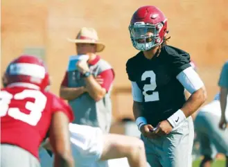  ?? KENT GIDLEY/ALABAMA PHOTO ?? Sophomore Jalen Hurts, shown during Tuesday’s first spring workout, is Alabama’s only quarterbac­k to take a snap in a college game.