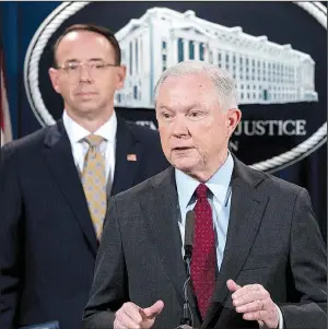  ?? AP/ANDREW HARNIK ?? Attorney General Jeff Sessions, accompanie­d at a news conference Thursday by Deputy Attorney General Rod Rosenstein, said, “I am totally confident that we can continue to run this office in an effective way.”