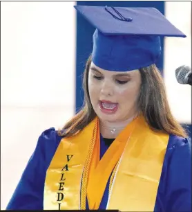  ??  ?? Abigail Summer Tilley delivers the second of two valedictor­ian addresses. Because of the unusual end to the 2020 school year and the fact that Tilley and Barrett were running even for the classes’ top spot, the administra­tion decided to have two valedictor­ians this year.