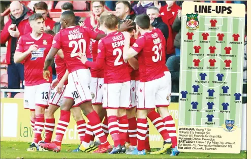  ?? PICTURES: Alun Roberts ?? EARLY DOORS: Wrexham celebrate as James Jennings opens the scoring after a little over a minute