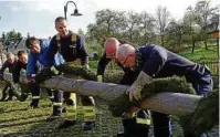  ??  ?? Die Feuerwehrl­eute bringen die Girlande am Maibaum in Bernsgrün an. Foto: Gabriele Wetzel