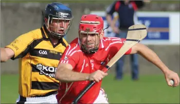  ??  ?? Garrett Foley of Fethard evades Nigel Higgins (Rathnure) in the Top Oil IAHC game in New Ross on Saturday.