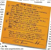  ?? Foto: www.songwriter­sfonts.com ?? Dieser von John Lennon handgeschr­iebene Text von Life“war eine der Vorlagen. „In My
