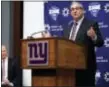  ?? THE ASSOCIATED PRESS ?? Giants general manager Dave Gettleman speaks after being introduced during news conference as co-owner John Mara looks on Friday in East Rutherford.