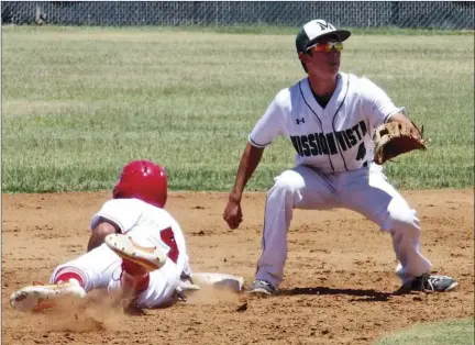  ??  ?? Imperial High’s German Rodriguez slides back into second base as Mission Vista’s Andrew Tannler awaits a throw during the teams’ CIF-San Diego Section playoff game.